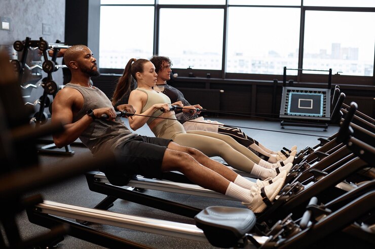 Foto mensen die roeimachine gebruiken in de sportschool