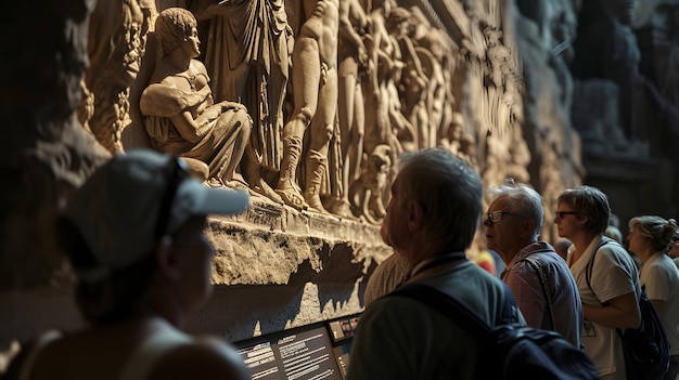 mensen die rondkijken en kijken naar de gebeeldhouwde beeldhouwwerken in een grote glazen doos in het museum