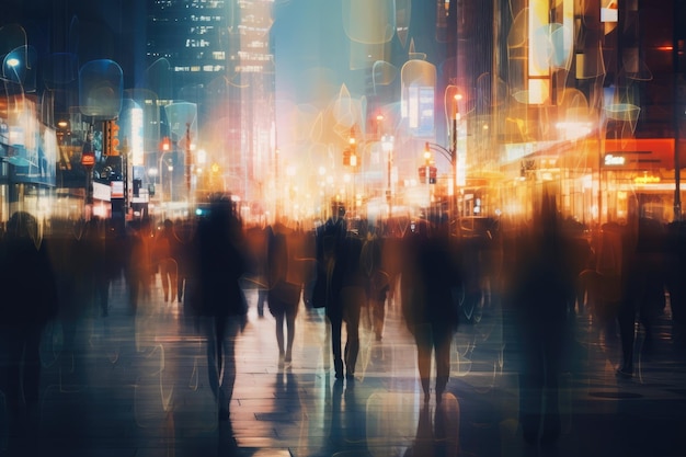 Mensen die's nachts in de stad lopen. Beweging vervaagt het stedelijke schilderij. Een menigte mensen loopt's nacht in de stad en creëert een vervaagde achtergrond.