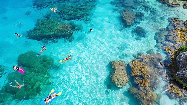 Mensen die snorkelen en zwemmen over een koraalrif in de heldere blauwe oceaan