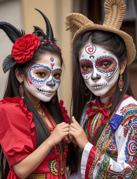 Mensen die traditionele Day of the Dead maskers en kleding dragen