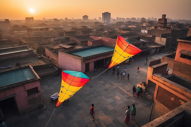 Mensen die vliegers spelen op het dak tijdens het zonsondergang vliegerfestival Gujarat India Indiase vliegersfestival