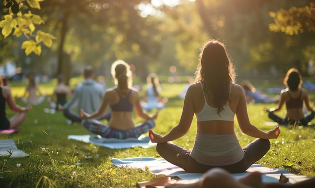 Mensen die yoga doen in het park.