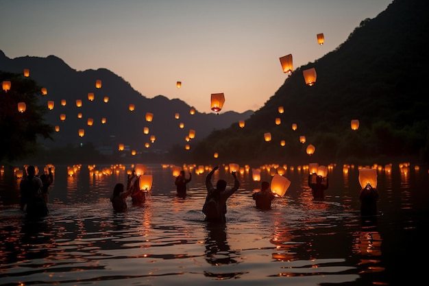 Mensen drijven lantaarns in het water bij zonsondergang