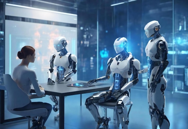 Foto mensen en ai-robots bespreken in een technologie kamer generatieve ai
