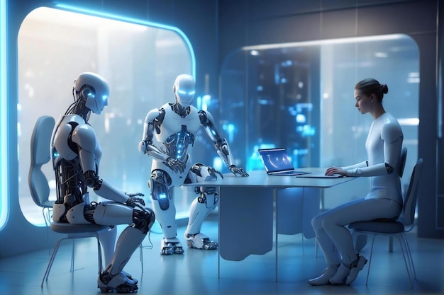 Foto mensen en ai-robots bespreken in een technologie kamer generatieve ai