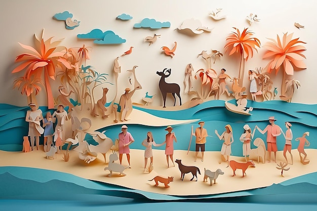 Mensen en dieren gemaakt van papier die plezier hebben op een strand gemaakt van papier