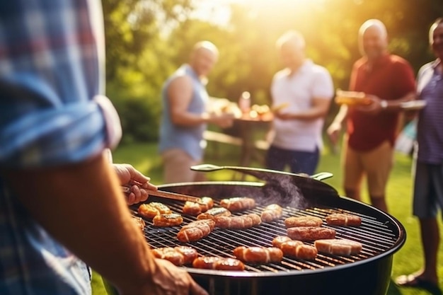 mensen en familie tijd concept jonge man grillen worstjes op de barbecue op de zomer tuin feest