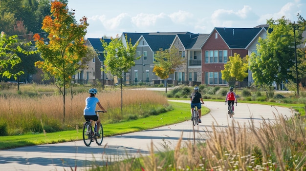 Foto mensen fietsen op een geplaveid pad in de buurt van een nieuwe woonwijk