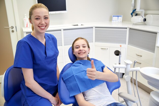 mensen, geneeskunde, stomatologie en gezondheidszorgconcept - gelukkige vrouwelijke tandarts met geduldig meisje op het kantoor van de tandheelkundige kliniek