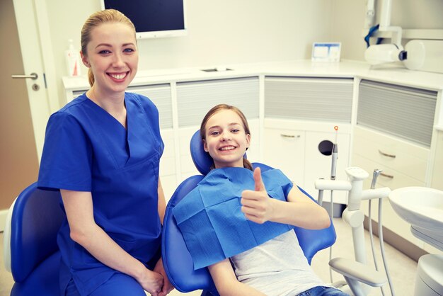 mensen, geneeskunde, stomatologie en gezondheidszorgconcept - gelukkige vrouwelijke tandarts met geduldig meisje op het kantoor van de tandheelkundige kliniek