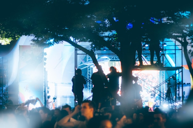 Foto mensen genieten van een concert's nachts.