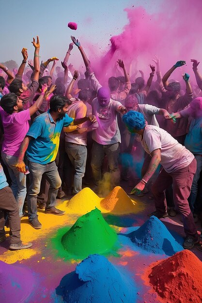 Mensen gooien Holi verf op.