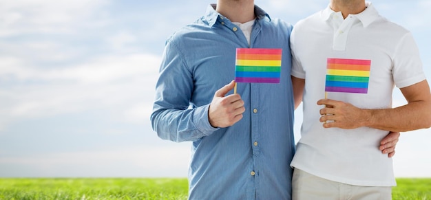 mensen, homoseksualiteit, homohuwelijk, homo- en liefdesconcept - close-up van gelukkig mannelijk homopaar dat regenboogvlaggen omhelst en vasthoudt over blauwe lucht en grasachtergrond