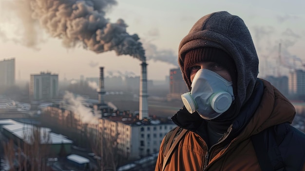 Mensen in beschermende maskers Luchtvervuiling stad smog van fabriek concept achtergrond concept