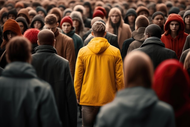 Mensen in de drukte op de stadsstraat Man in geel jasje onderscheidt zich van een groep mensen