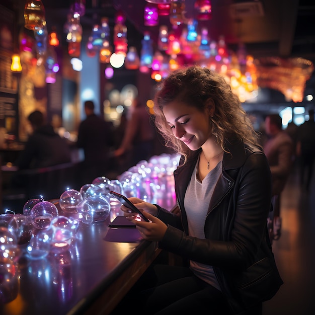 mensen in een futuristische bar kijken op haar smartphone en controleren hun sociale media-accounts