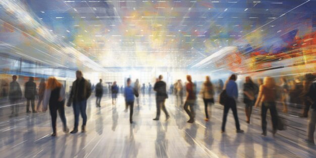 Foto mensen in een grote tentoonstellingszaal vervaagde timelapse drukke menigte