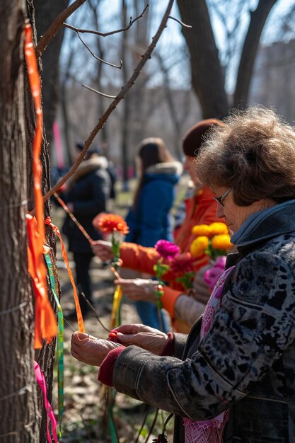 Foto mensen in een park die martisor strings aan bomen binden