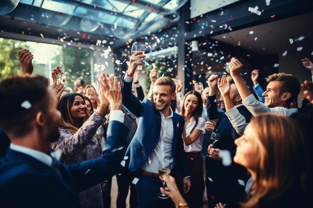 Mensen in een zakelijke bijeenkomst met confetti op de achtergrond