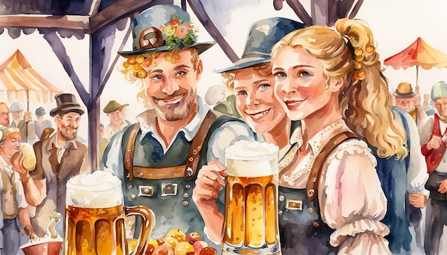 Foto mensen in feest brengen glazen bier op oktoberfeest met waterverfillustratie