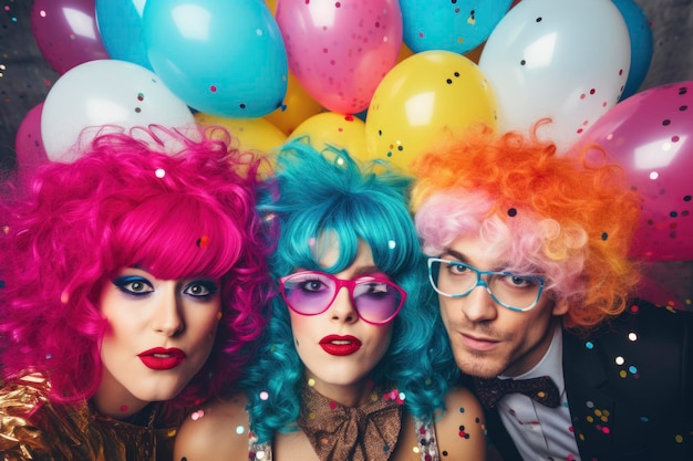 mensen in kleurrijke pruiken gekleed voor feest met ballonnen en confetti generatieve ai