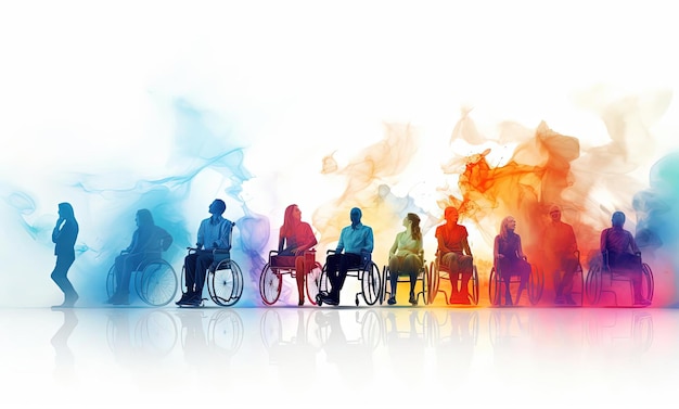 mensen in rolstoelen in een veelkleurige groepering van in de stijl van subtiele hellingen