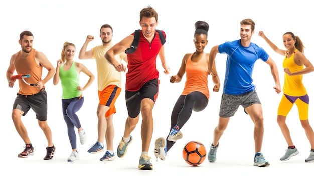 Foto mensen in sportkleding doen verschillende sportieve activiteiten ze rennen springen en voetballen ze glimlachen allemaal en zien er gelukkig uit