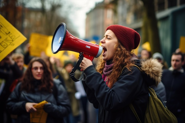 Mensen in staking protesteren met een megafoon.