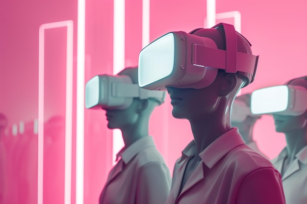 Mensen in Virtual Reality Headsets tegen een minimalistische achtergrond Generatieve AI