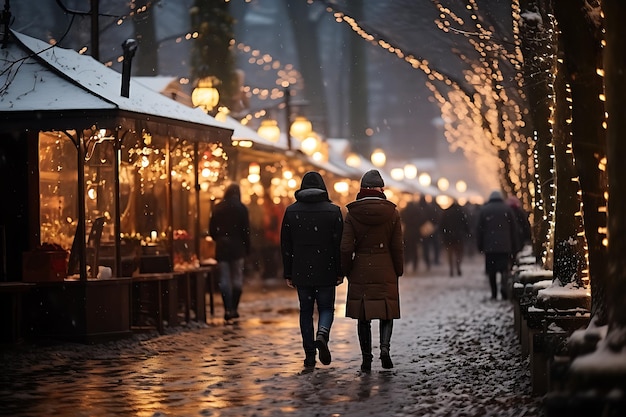 Mensen in winterkleding lopen langs de kerstmarkt met gouden lichten.