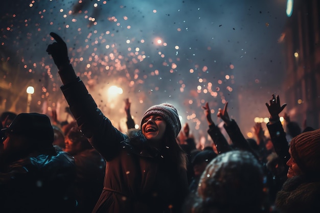 mensen kijken naar het vuurwerk tijdens de viering van het nieuwe jaar
