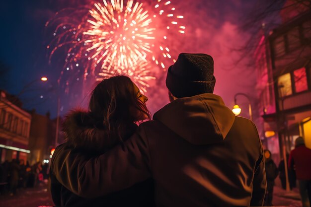 mensen kijken naar het vuurwerk tijdens de viering van het nieuwe jaar