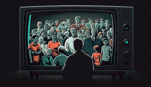Foto mensen kijken naar tv tv-verslavingspropaganda en nepnieuwsconcept