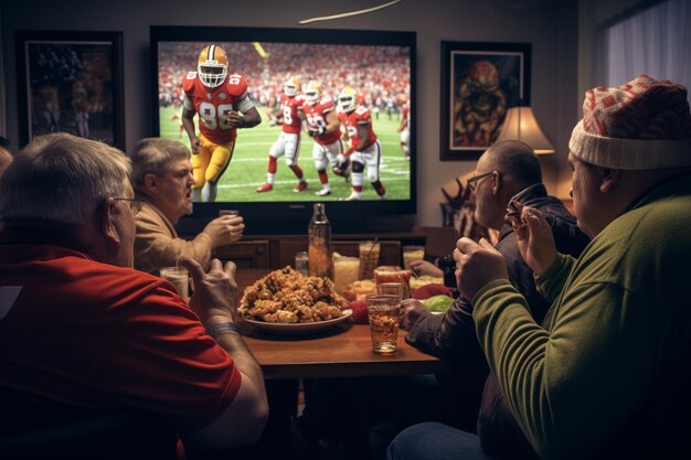 Mensen kijken naar voetbalwedstrijden op tv als onderdeel van hun Thanksgiving traditie.