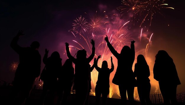 Mensen kijken naar vuurwerk met het woord vuurwerk op de achtergrond