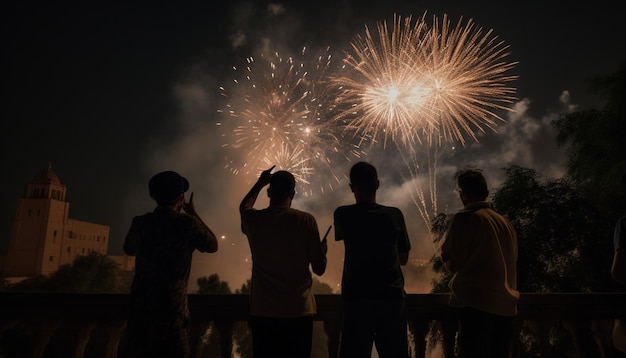 Mensen kijken naar vuurwerk op een balkon