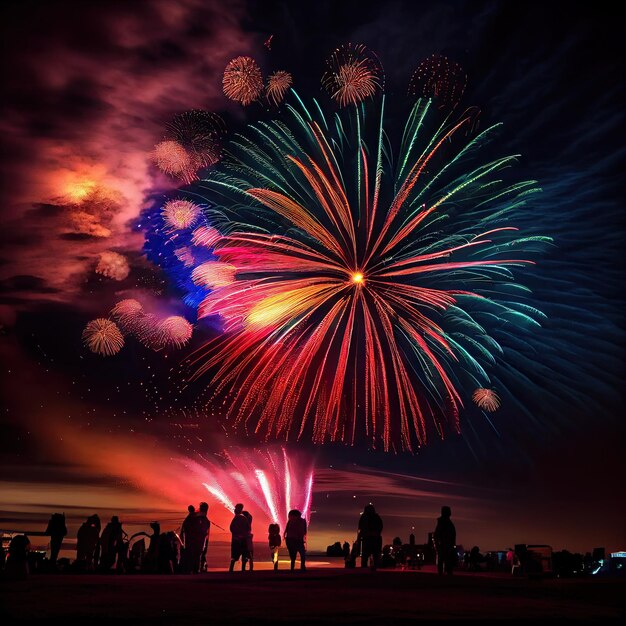 Mensen kijken 's nachts naar vuurwerk op het strand