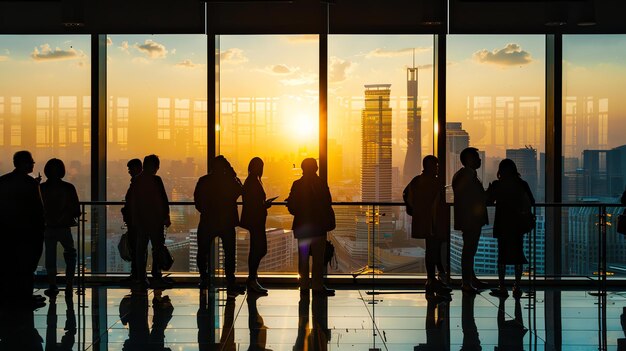 Mensen kijken uit op de skyline van een gebouw de zon gaat onder en de lucht is helder oranje de mensen zijn allemaal in silhouet