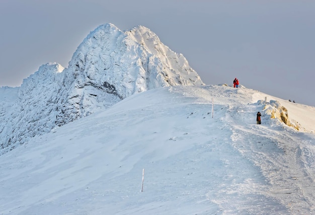 Mensen klimmen op de top van Kasprowy Wierch van Zakopane in de winter. Zakopane is een stad in Polen in het Tatra-gebergte. Kasprowy Wierch is een berg in Zakopane en het meest populaire skigebied in Polen