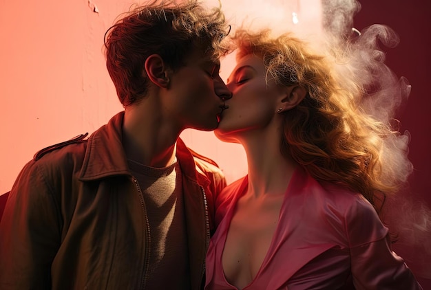 Foto mensen kussen en schaduwen worden over hun lippen geworpen in de stijl van donkerroze en licht oranje