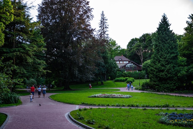 Mensen lopen door de rusttijd van het stadspark