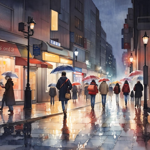 Foto mensen lopen in city street op kalmerende regenachtige nacht aquarel schilderij schets illustratie
