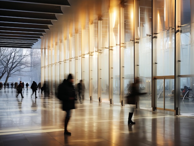 Mensen lopen in de hal van een modern kantoorgebouw in bewegingsonscherpte Generatieve AI