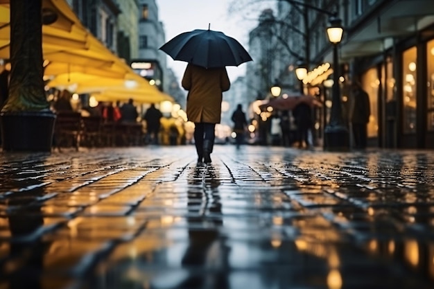 Mensen lopen in de regen in een grote stad.