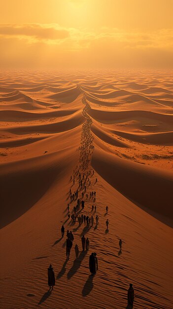 Mensen lopen in de uitgestrekte woestijn.