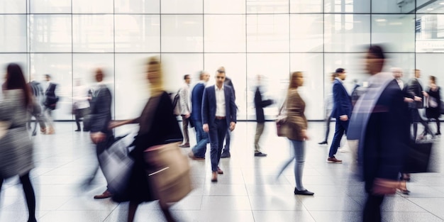 Mensen lopen in een druk kantoorgebouw