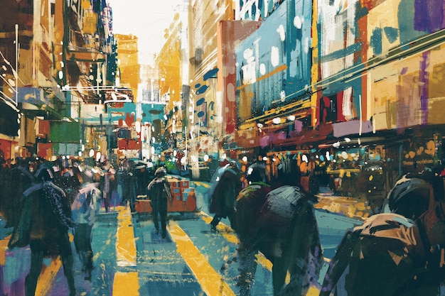 mensen lopen in kleurrijke stadsstraat, illustratie schilderij