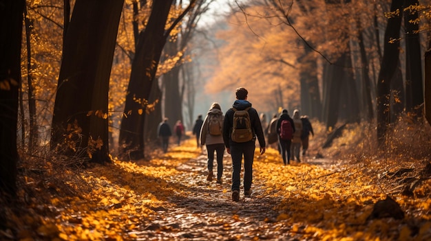 Foto mensen lopen levendige bladeren vallen op een lang voetpad in het herfstbos