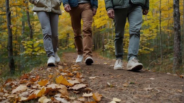 Foto mensen lopen op autumn stroll in het bos op een zonnige dag